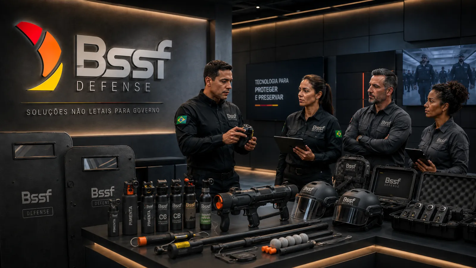 Equipe de segurança de preto da BSSF Defense com equipamentos não letais sobre a bancada
