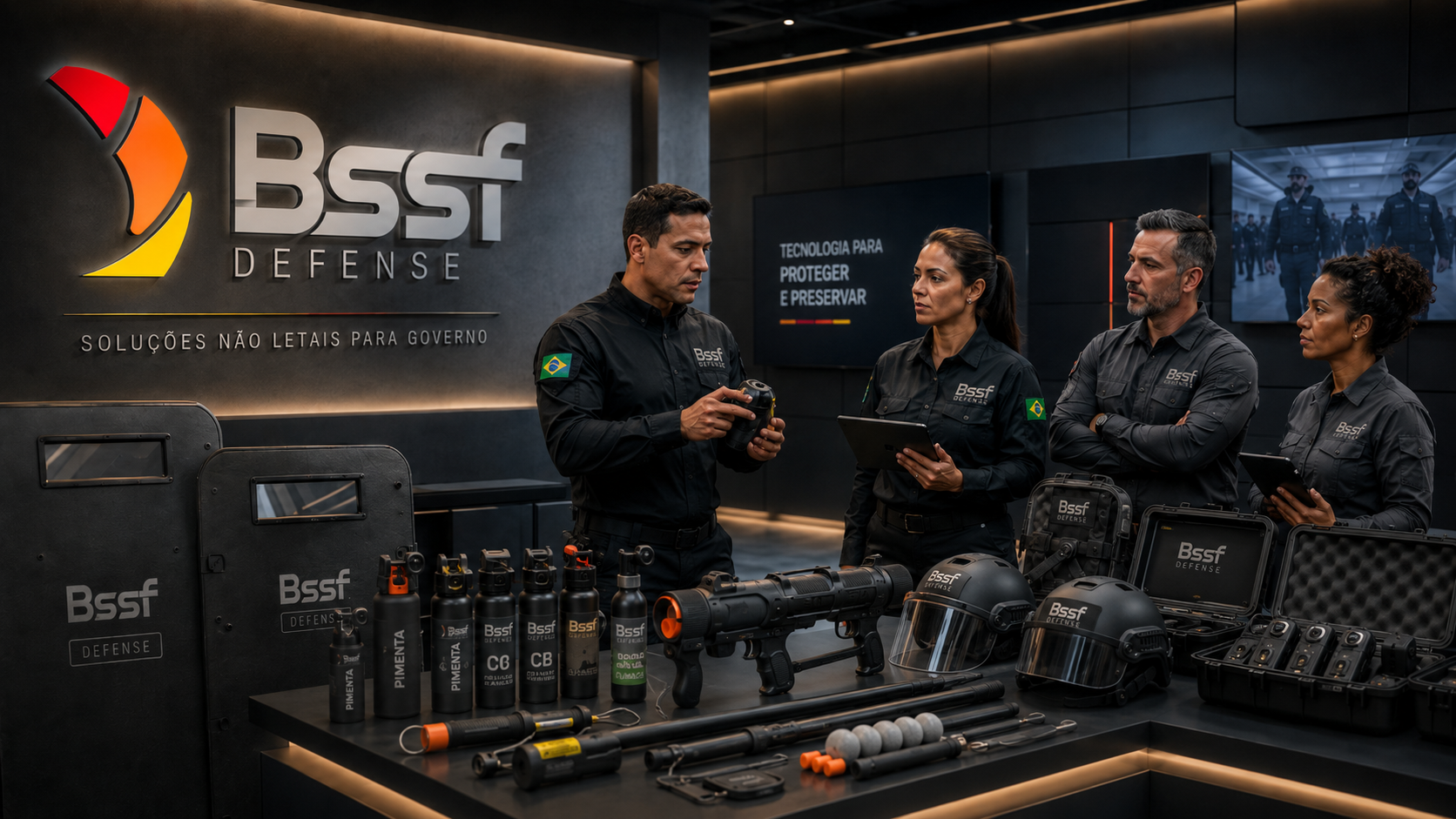 Equipe BSSF Defense com equipamento não-letal