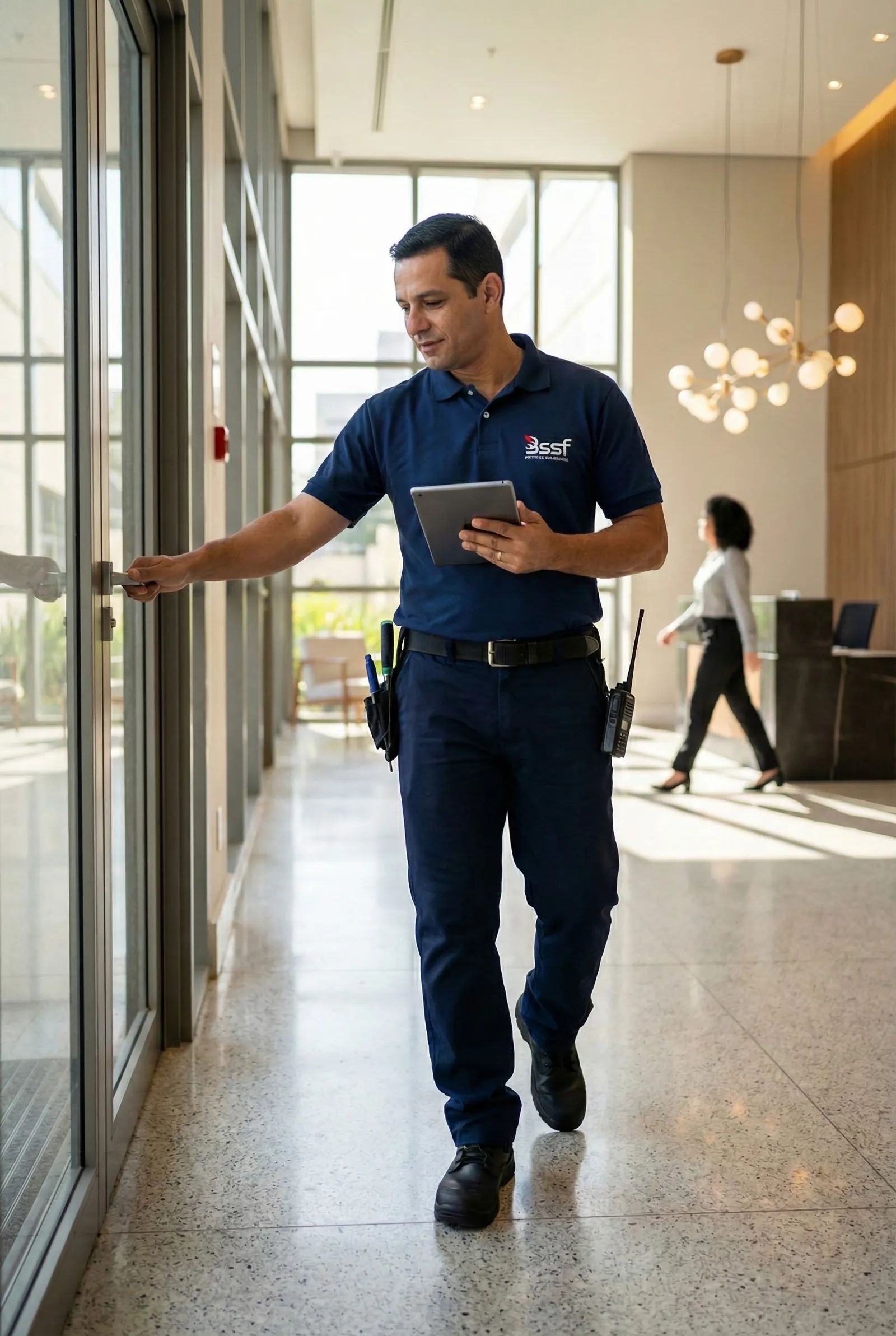 Profissional de ronda de uniforme azul-marinho, com tablet e rádio, confere a porta de vidro em um corredor amplo